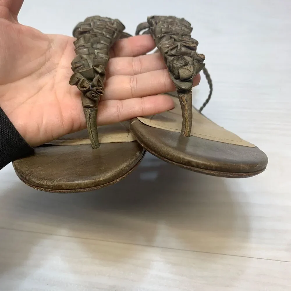Frye Laurel Flower T Strap Sandals Brown‎ Leather Women's Size 9M
